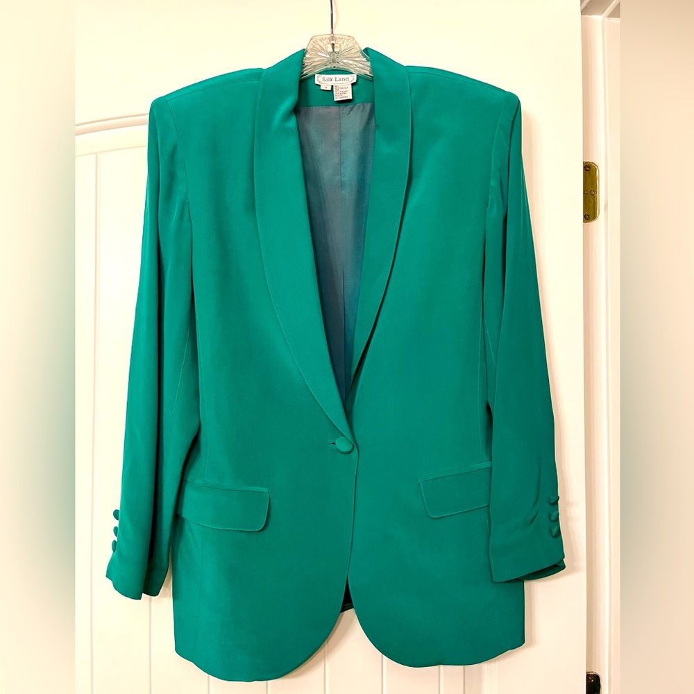 Silkland Blazer Womens rich green silk blazer with shoulder pads